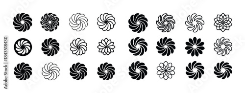 Set of diverse geometric spiral and swirl flower designs