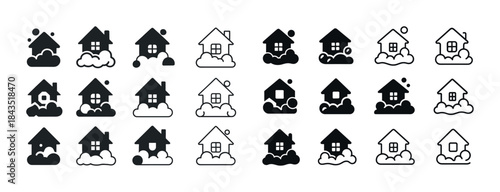 Various house icons in snowfall: black and white minimalist set