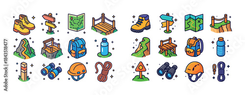 Colorful outdoor adventure icons: boots, maps, backpacks, and sa