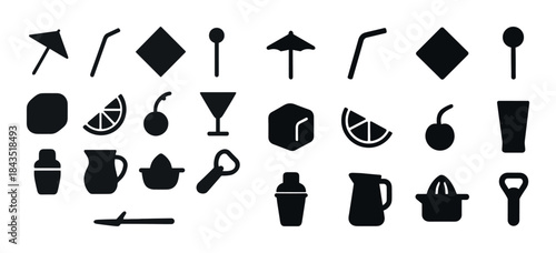 Black icons of cocktail and drink accessories