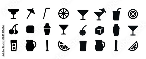 Cocktail icon set: glasses, shakers, garnishes, and more