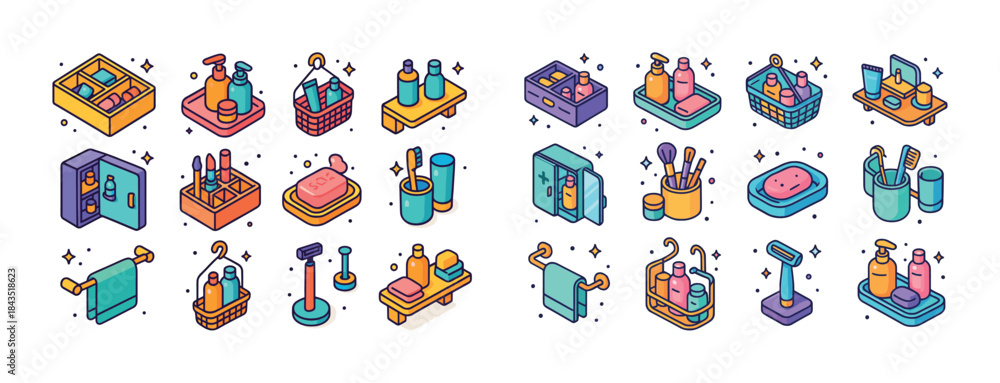 Obraz premium Colorful isometric beauty and hygiene products arrangement in ba