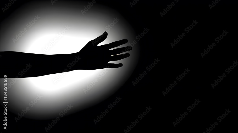 Obraz premium forearm. Silhouetted forearm reaching toward a light source against a dark gradient background. wellbeing guides, coaching materials, designed for mental health education and mindfulness programs.