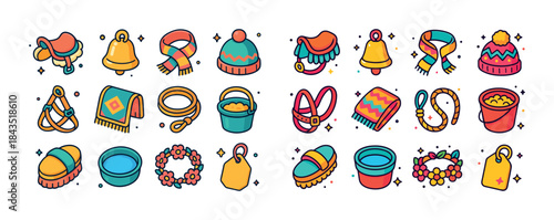 Colorful cartoon winter accessories and equestrian gear collecti