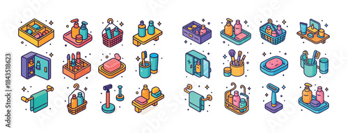 Colorful isometric beauty and hygiene products arrangement in ba
