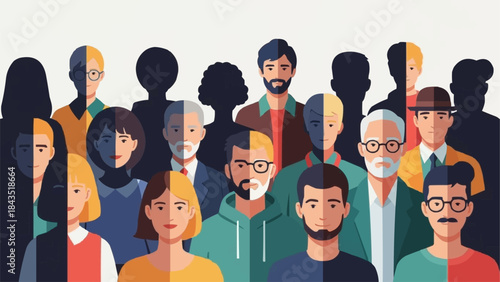 Diverse group of people with split faces representing duality and identity.
