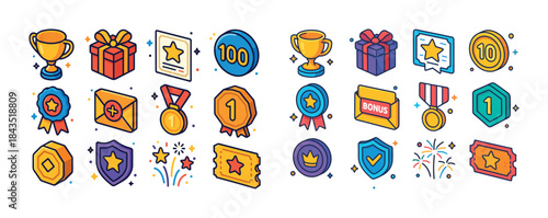 Colorful collection of illustrated prize and reward icons with m