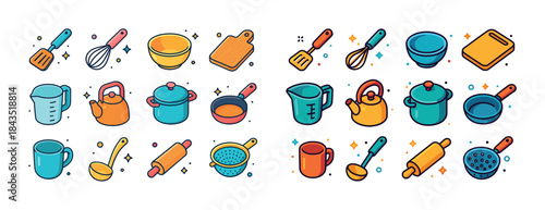Colorful cartoon kitchen utensils and cookware set with whimsica