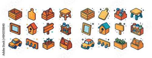 Colorful wooden objects collection: playful artisanship and craf