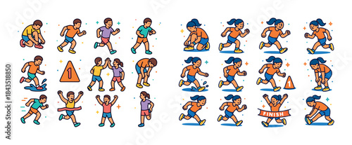 Children running race sequence with diverse kids and finishing l
