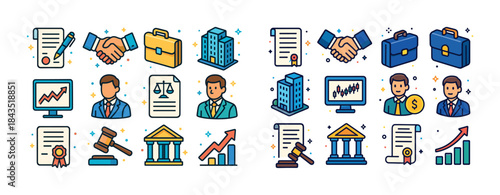 Business and legal icons set including handshake, briefcase, gra