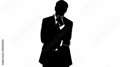 Silhouette of a businessman in a suit contemplating with hand on chin.