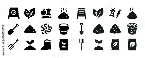 Collection of compost and gardening icons featuring tools, plant