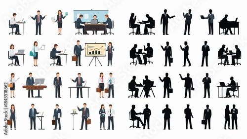 Collection of Business People Silhouettes in Various Poses and Activities.