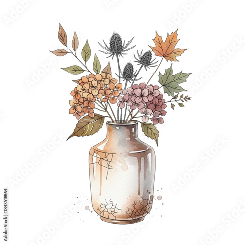 Autumn Watercolor Bouquet in Ceramic Vase, Fall Flowers Arrangement, Rustic Home Decor, Botanical Illustration, Seasonal Nature Art, Thanksgiving Festive Floral Design


