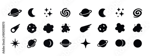 Space icons: planets, stars, moons, comets, asteroids in minimal