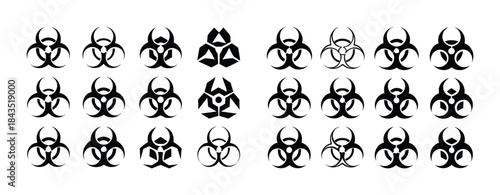 Set of stylized black biohazard icons in various geometric desig
