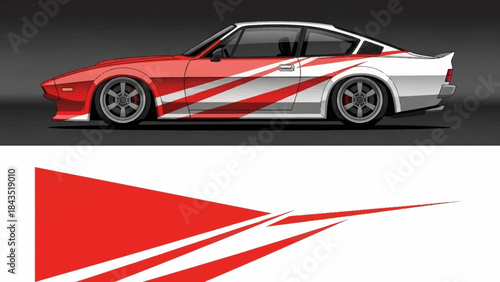 Dynamic red and white sports car illustration with striped graphic accents.