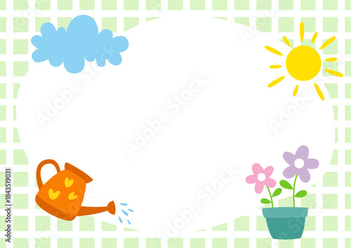 cute frame background with watering can  flowers  clouds and sun