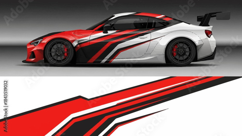 Racing red and white sports car with bold graphic stripes.