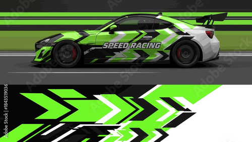 Green race car on track with bold graphics and high speed action.
