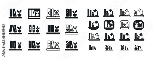 Bookshelf icons with potted plants in minimalist black and white