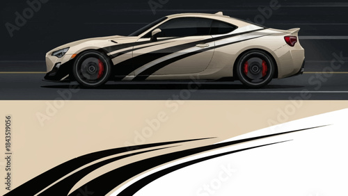 Sleek white and black sports car with bold racing stripe speeding on a dark road.