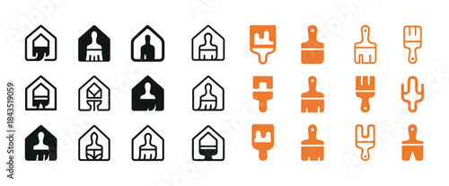 Variety of paintbrush icons in black and orange house shapes