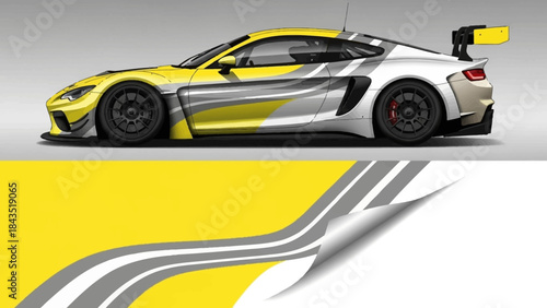 Sleek yellow and white race car with bold graphics on a gray studio backdrop.