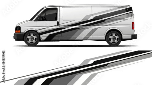 Sleek white cargo van with bold black and gray racing stripes design.
