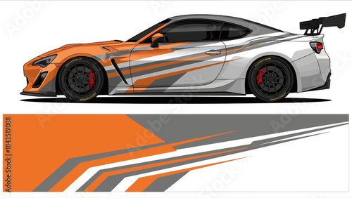 Stylized orange and white race car with graphic livery and dynamic stripes.