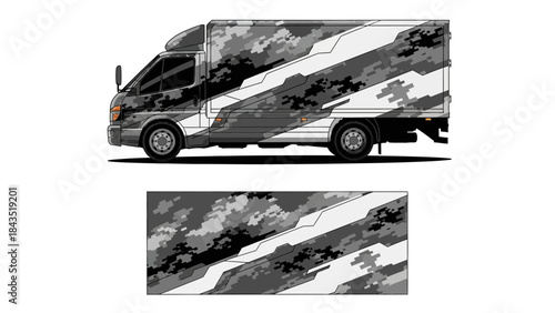 Grey camo wrapped van used for urban transportation and logistics on the road.