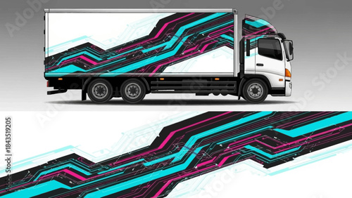Vibrant geometric wrap design on a modern transport truck and trailer.