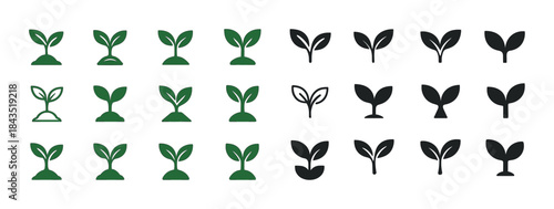 Variation of seedling icon designs in green and black for nature