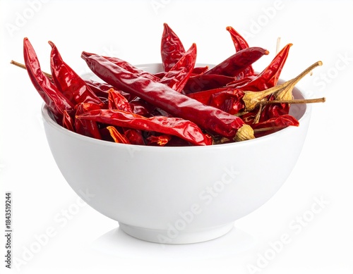 Peppers drying in white bowl on white background.