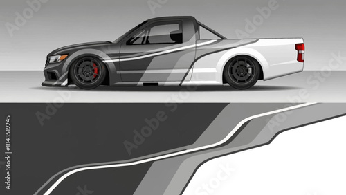 Stylized graphic of a modern race-inspired pickup truck with bold stripes and dynamic design.