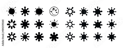 Twenty-one artistic ink splatter symbol designs in black and whi