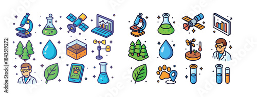 Science and nature icons: microscope, satellite, lab equipment,
