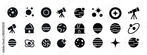 Set of astronomy and space icons featuring telescopes and planet