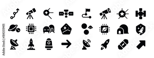 Space exploration icons: telescope, rocket, satellite, planet, o