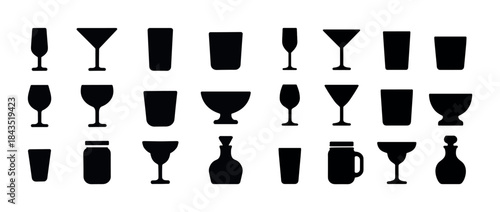 Silhouette collection of various glassware and bottles in black