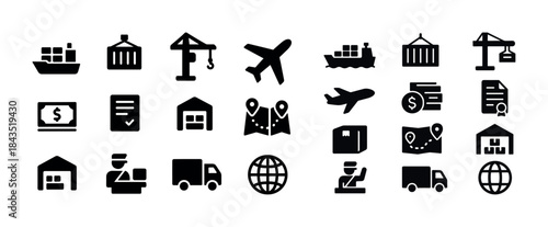 Logistics and shipping icons set featuring transportation and wa