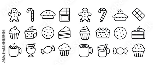 Line art icons of candies, cookies, cakes, and drinks