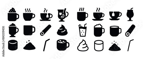 Assorted beverage icon set with coffee, tea, and dessert symbols