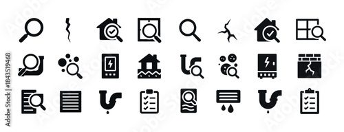 Vector icons of home inspection and plumbing: magnifying glasses