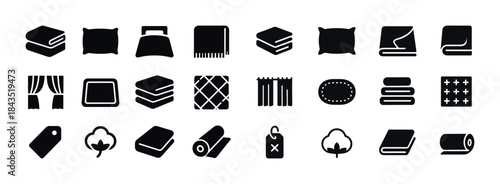 Silhouette icons of home textiles: blankets, pillows, curtains,