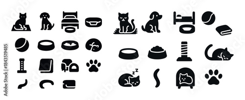 Pet care icons: cats, dogs, beds, toys, and accessories