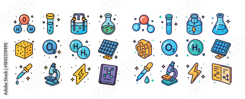 Colorful science icons featuring chemistry, solar power, and lab