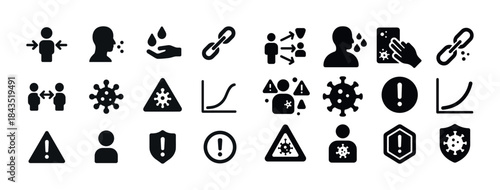 Black and white icon set: virus, warning, social distancing, han
