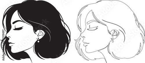 Minimalist Female Profile Vector Illustration Set with Black Hair and Line Art, isolated PNG with Transparent Background
